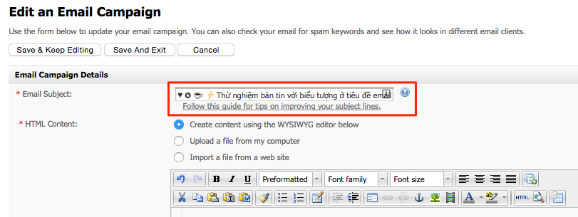 Màn hình các biểu tượng được chèn vào tiêu đề email trong phần mềm Email Marketing LinkLeads
